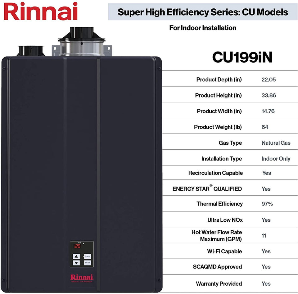 Rinnai CU199iN 11 GPM Indoor Commercial Natural Gas Condensing Tankless Water Heater New