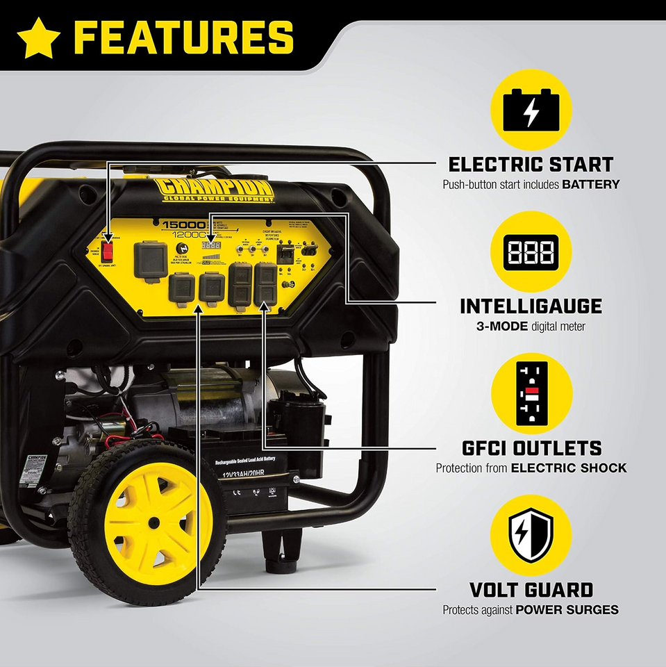 Champion 100110 15,000W/12,000W Portable Generator with Electric Start & Lift Hook