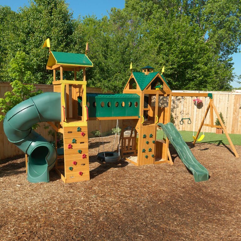 KidKraft Mockingbird View Wooden Swing Set / Playset with Tower, Hoop, Tunnel and Tire Swing