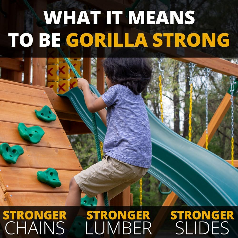 Gorilla Playsets Empire Extreme Wooden Swing Set with Monkey Bars, Clatter Bridge, Tower, and 3 Slides