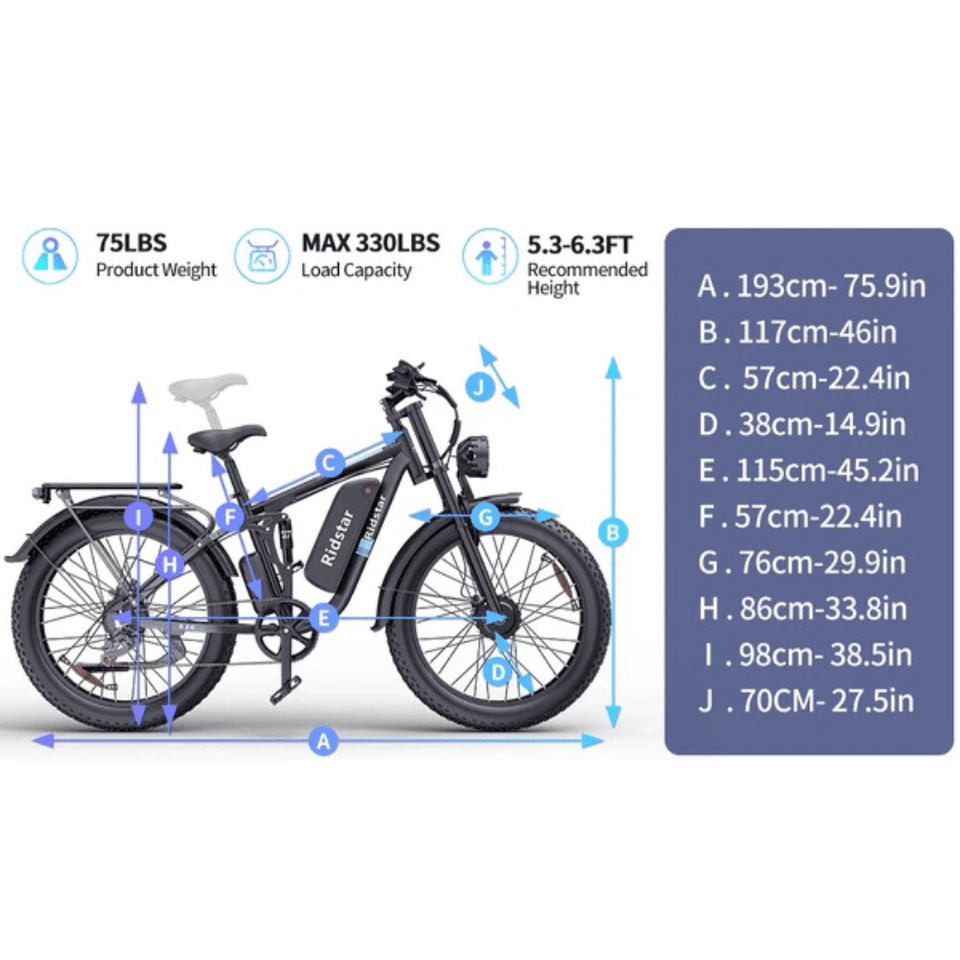 Ridstar E26 PRO Electric Bike 48V 23Ah Battery 1000W*2 Dual Motors 26*4.0inches Tires 50-75KM Max Mileage 15