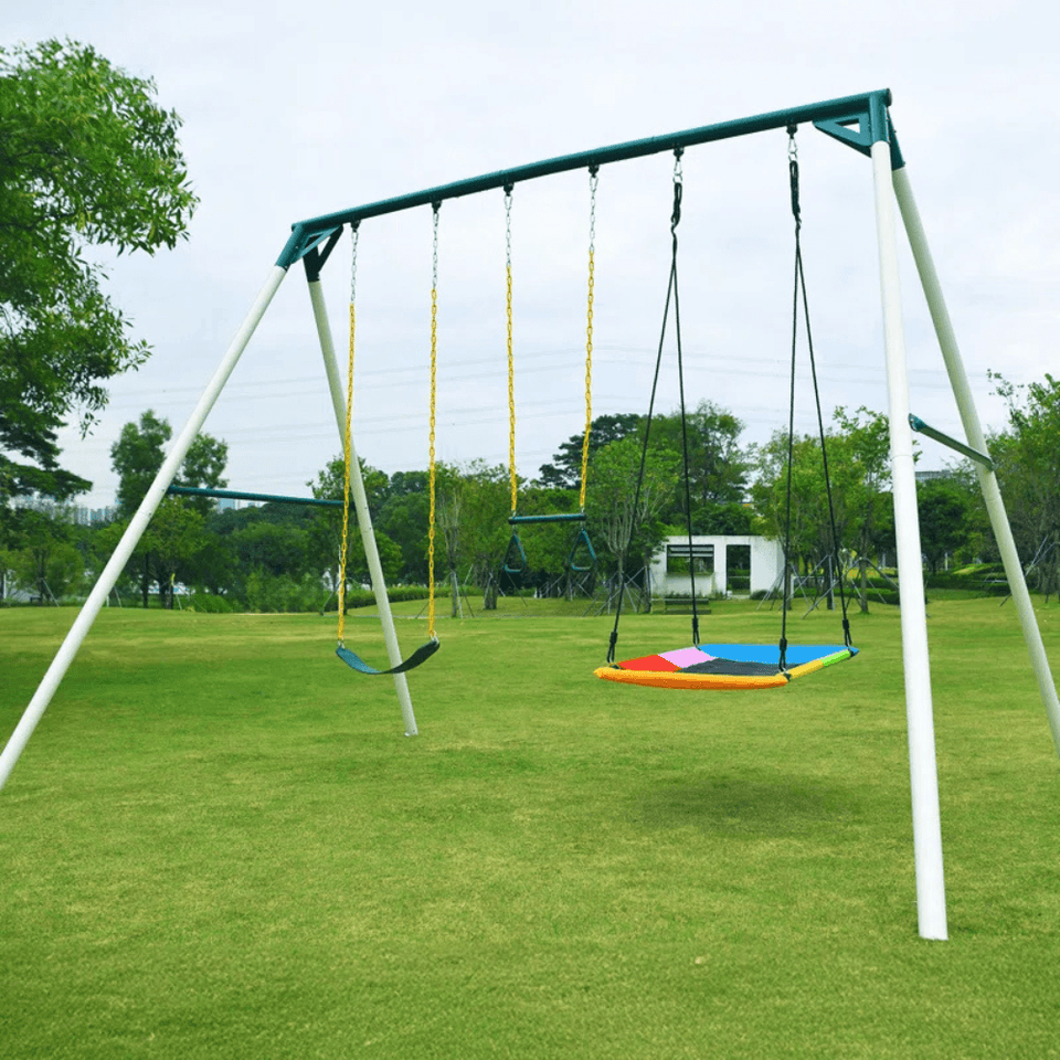 9.5′ Heavy Duty Metal Swing Set with Belt Swing, Trapeze Bar